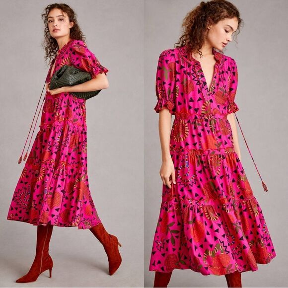 NWT Farm Rio Anthropologie Tiered Midi Dress in Pink - Picture 1 of 11